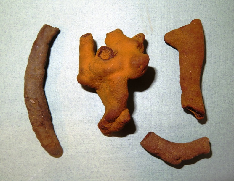 Four reddish stony structures, three of which are tube-like