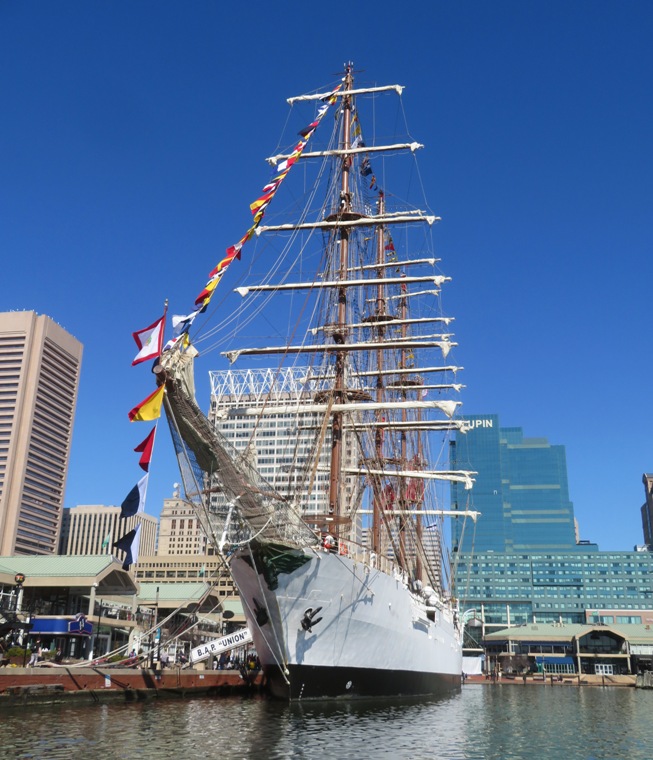 Front portside view with forward bunting hanging from bow