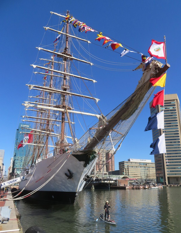 Daphne and I on SUP in front of tall ship B.A.P. Union