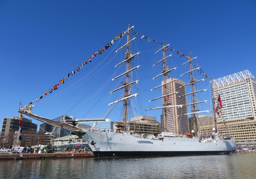 Portside view of tall ship