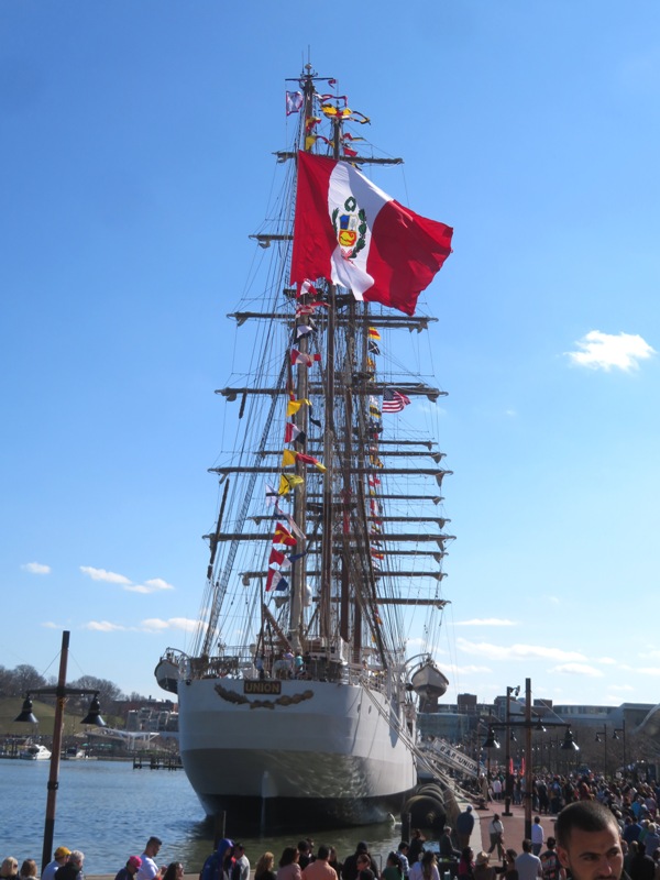 Aft side of ship with flag flying