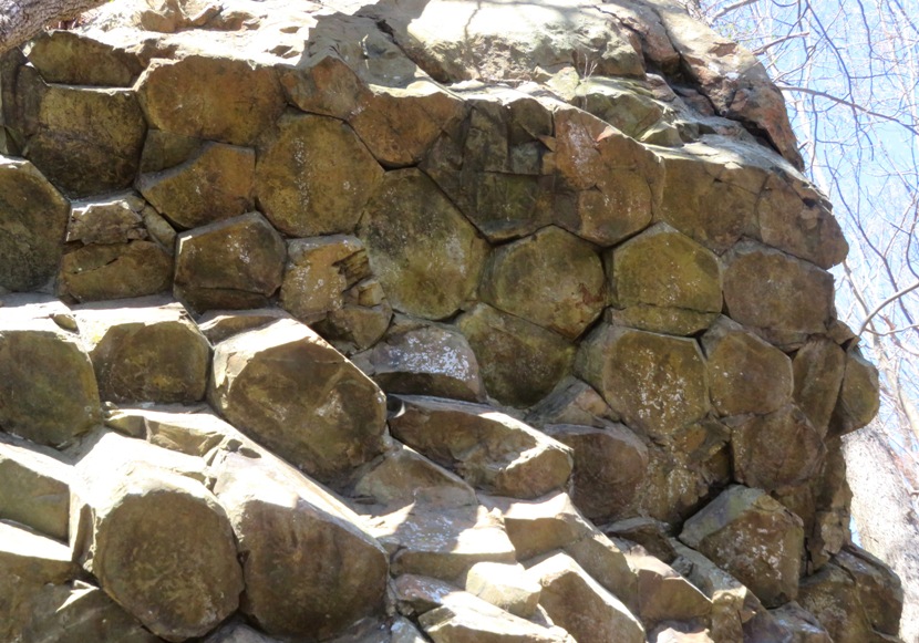 View from below of the hexagonal boulders