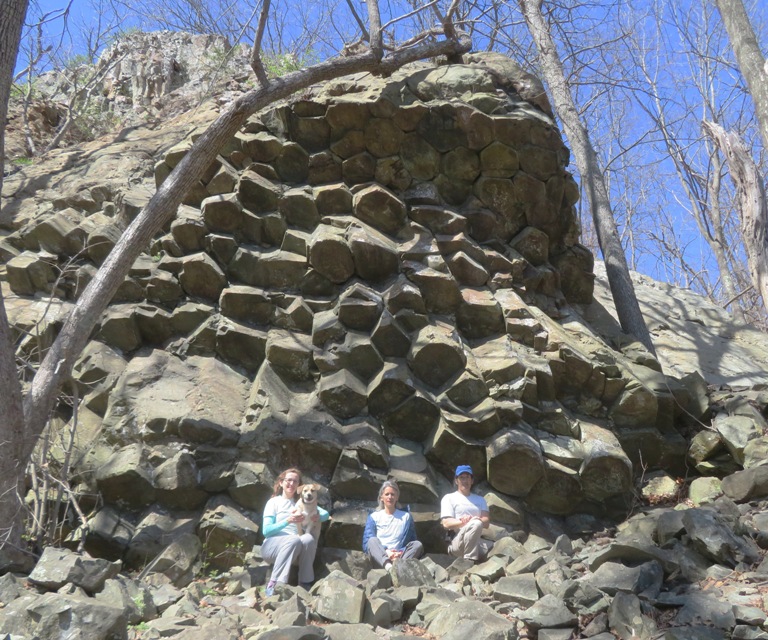 Group photo of all of us in front of the basalt columna jointing