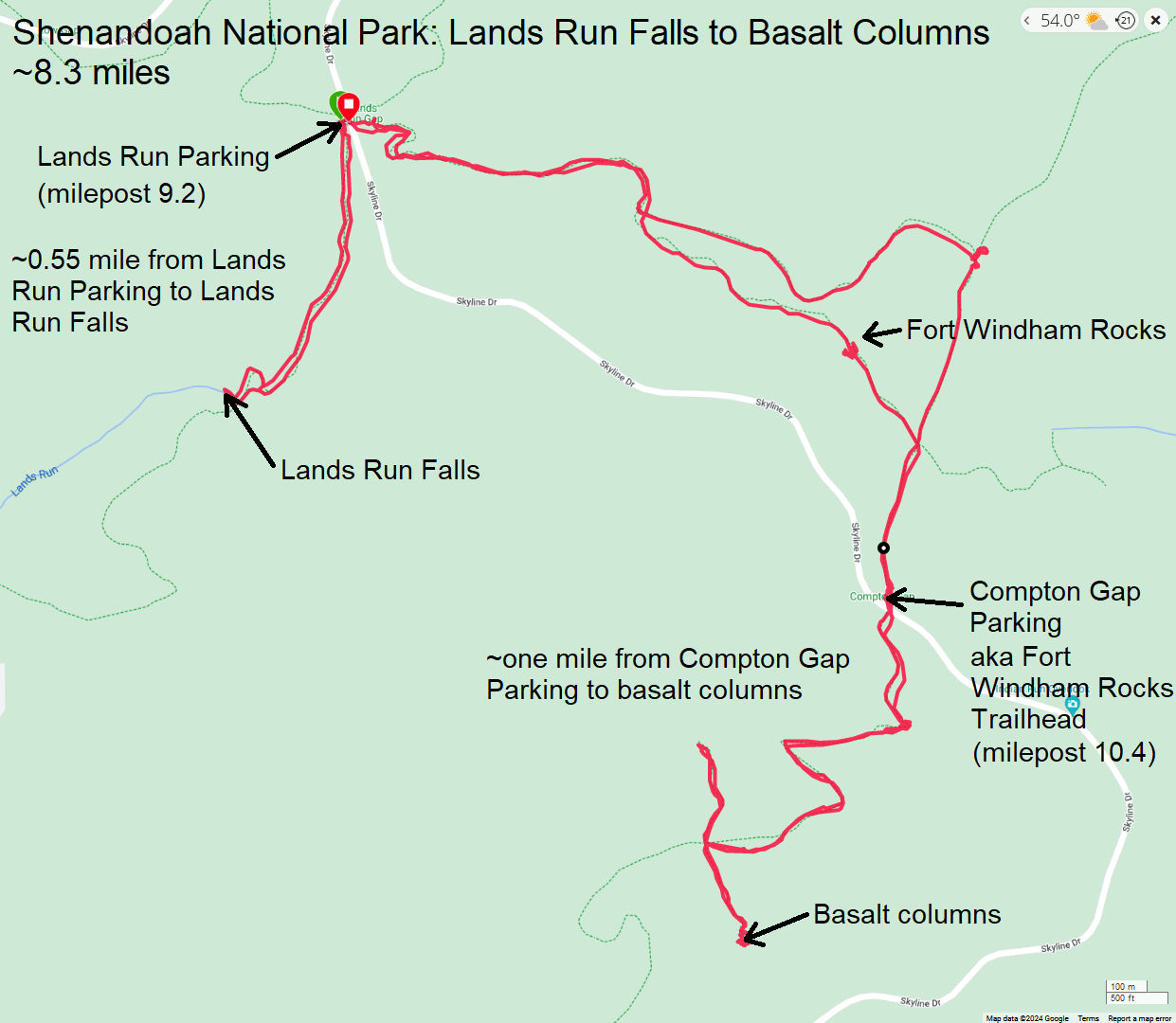 Labeled map of our route