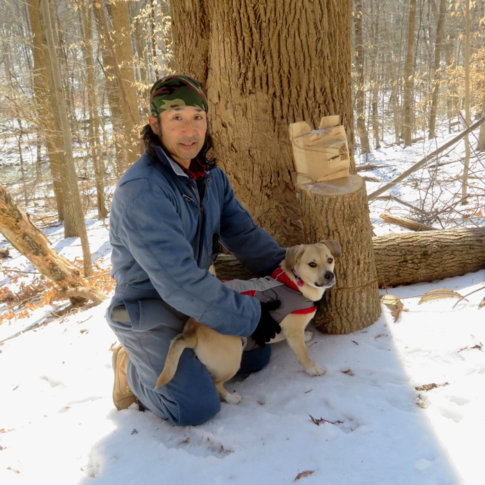 Daphne and I with a chainsaw-carved bear made by Pete Moon, February 20, 2021